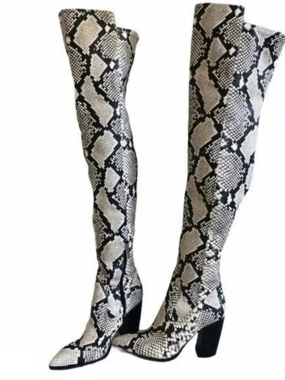 Vince Camuto Women's 8.5M Snakeskin Over The Knee Pointed Toe Block Heel Boots